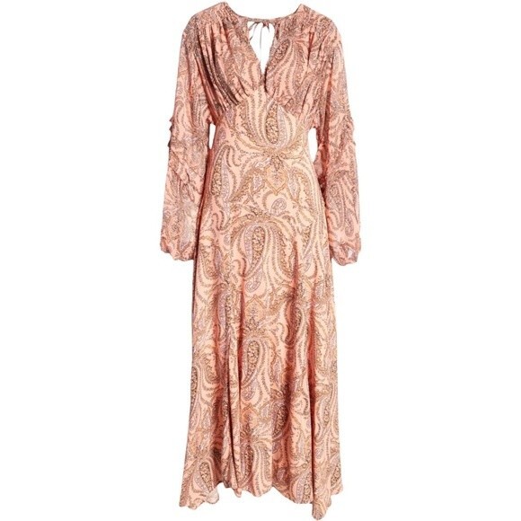 NWT Free People Mirage Maxi Dress Long Sleeve Flowy Boho Peach Combo Size 2 NEW - Picture 1 of 16